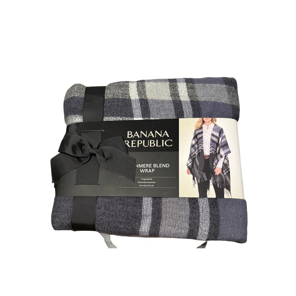 Banana Republic Cashmere Blend Blanket Wrap Karen Plaid Purple Fringe Womens OS